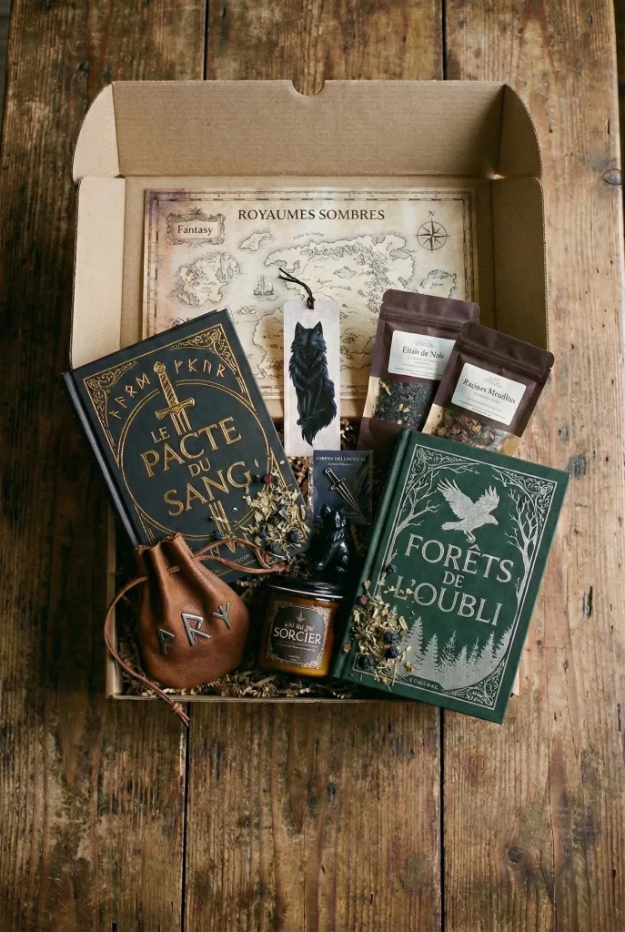 Box littéraire ouverte avec livres et goodies de fantasy