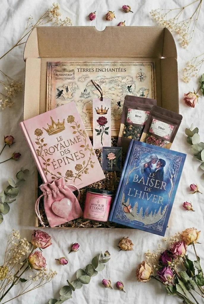Box littéraire ouverte avec livres et goodies de romance