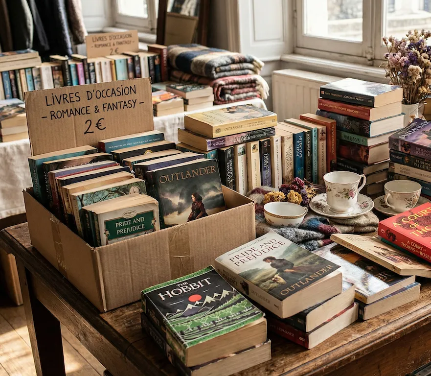 rayon librairie avec une vue sur des livres d'occasion romance et fantasy