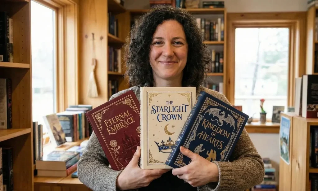 autrice montrant devant elle, ses 3 livres de fantasy