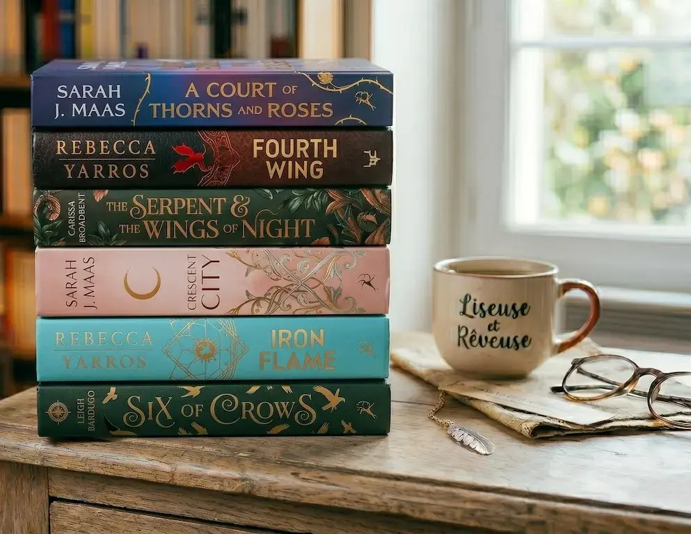 pile de 6 livres de romance et fantasy au format relié
