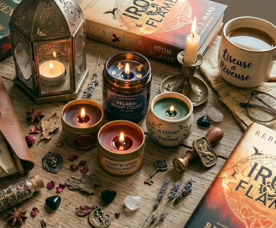 photo de bougie et ambiance littéraire romance et fantasy à retrouver en librairie